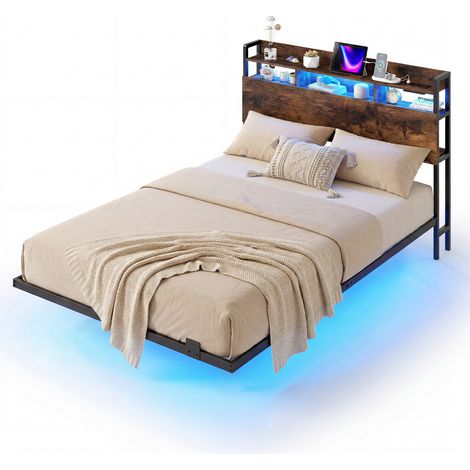 Cadre de Lit Flottant Double avec Lumières LED et Station de Recharge, Lit Plateforme Industriel en Métal avec Rangement, Sommier à Lattes, Ne