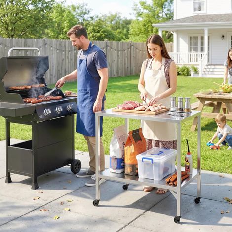 Chariot barbecue table préparation extérieur plan travail roulettes acier inoxydable 85x60x92cm, argenté