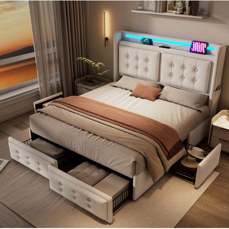 Letto matrimoniale 180x200 cm beige in cotone e lino con LED, USB-C, cassetti e rete a doghe (1/5)
