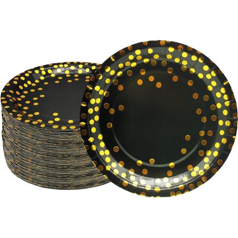 Lot de 100 assiettes dorées et noires, 23 cm, assiettes noires et dorées, pois en aluminium, décoration de fête (1/5)