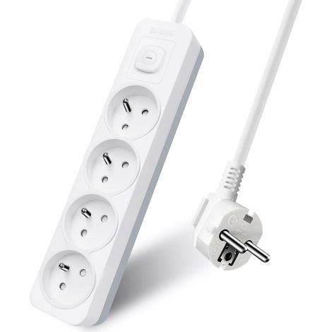 Multiprise 4 Prises avec Interrupteur, 2P+T, Bloc 4 Prises,3G1,5 mm² 3m Rallonge, Sécurité Enfant, Gris et Blanc, 16A 250 V (1/5)