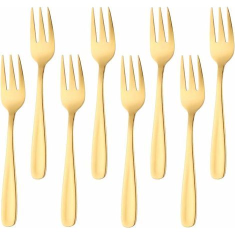 Fourchette à gâteau en acier inoxydable, fourchette à fruits à 3 dents, ensemble de 8 fourchettes dorées, hautement polies, idéales pour les desserts lors des fêtes de mariage (1/5)