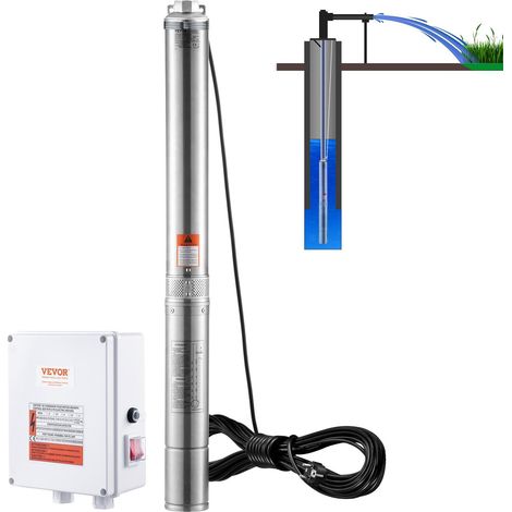 Pompe immergée pour puits profond, 2200W 230V, débit 9,8 m³/h, hauteur 144 m, avec câble 19,4 m et boîtier de commande externe, acier inoxydable, usage industriel et domestique, étanche IP68. (1/5)
