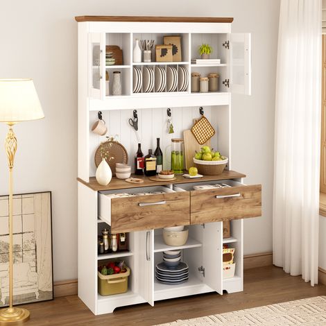 Grande armoire buffet cuisine 106×39×176,5cm avec 2 tiroirs,portes et barre crochets,grand espace rangement pour cuisine salon couloir.