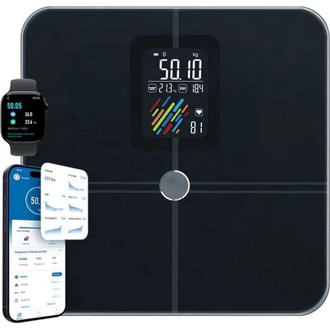 Balance connectée Bluetooth avec 22 mesures, fréquence cardiaque, écran VA, compatible iOS et Android, jusqu'à 180 kg (1/5)