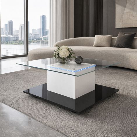 Table basse carrée 80 x 80 x 40 cm en verre trempé LED à roulettes HAVRYA (1/5)
