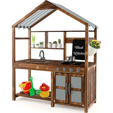 Cuisine de boue pour enfant en bois de sapin naturel avec évier, robinet, auvent et 4 plaques pour jardin, terrasse et balcon (1/5)
