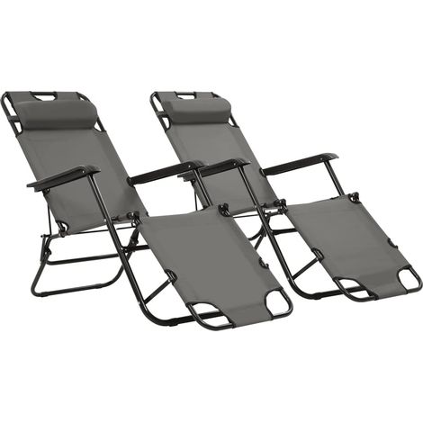Lot de 2 Chaises longues pliables Bain de soleil Transat de relaxation avec repose-pied Acier Gris BSRHS793499 (1/5)