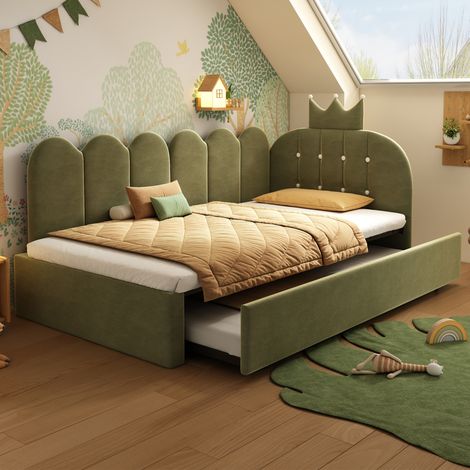 Ausziehbett 90x200 cm mit Kronenkopfteil, grüner Velours, ohne Matratze (1/5)