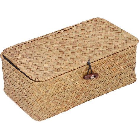 Paniers de rangement rectangulaires en osier avec couvercle, en jonc de mer tissé à la main pour étagères, bureau, maison (naturel, taille S) (1/5)