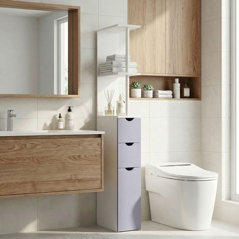 Colonne de salle de bain moderne avec 2 étagères, 2 tiroirs et 1 porte anti-basculement 15 x 33 x 136,8 cm Blanc (1/5)