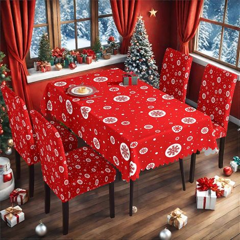 Ensemble complet de nappe et housse de chaise de Noël en soie de lait imperméable imprimée TC-194 (140 x 210 cm). (1/3)