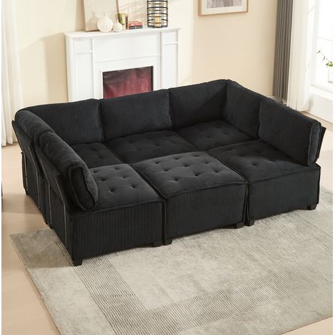 Sofá modular 6 plazas 308x154x82 cm de tela acanalada negra con bolsillos – MEUBLIV (1/5)