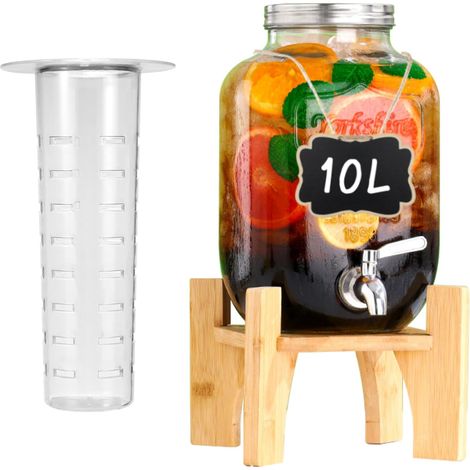 Distributeur de boisson de 10 l avec support et couvercle, distributeur de limonade avec robinet en verre borasilicate résistant à la chaleur avec robinet inoxydable pour jardin, buffet, fête (1/5)