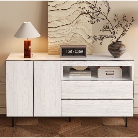 Credenza in truciolare bianco 140 x 42 x 77 cm con 2 ante, 2 cassetti e ripiani aperti (1/5)