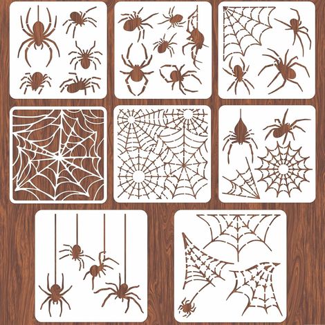 Lot de 8 pochoirs en toile d'araignée pour peinture d'Halloween, pochoirs d'araignée 30 x 30 cm, pochoirs muraux d'horreur pour décoration murale, pochoirs pour gâteau, tapis de porte, toile (1/5)