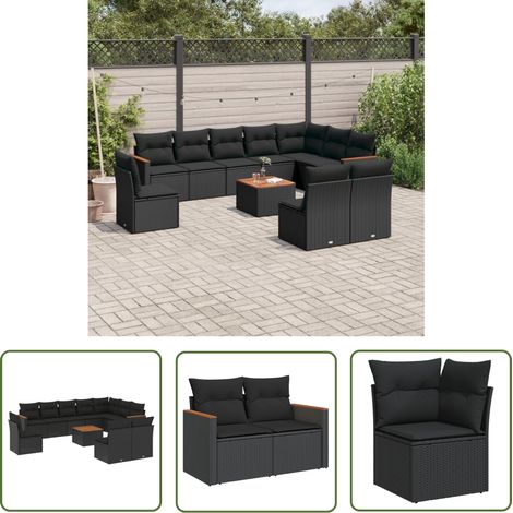 The Living Store Salon de jardin 11 pcs avec coussins noir résine tressée - Ensemble Salon De Jardin - Mobilier Extérieur - Jardin Design - Chaise Longue - Table Basse (1/5)