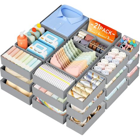 Rangement Vetement - Rangement Tiroir Organisateur de Tiroir, Organisateur Dressing en Tissu, Pliable, pour Soutiens-Gorge, Chaussettes, Culottes, Cravates, Écharpes, 21 Pièces, Gris (1/5)