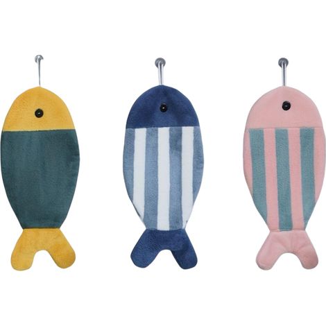 Lot de 3 serviettes de toilette mignonnes à motifs de poissons - 15 x 7 cm, en polaire corail épaisse avec boucle de suspension, ultra-absorbantes, douces et agréables pour la peau, aux motifs colorés (1/5)