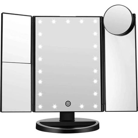 Miroir de maquillage 3 faces pliable, grossissement 2X/3X, réglage de luminosité, miroir de coiffeuse LED (1/5)