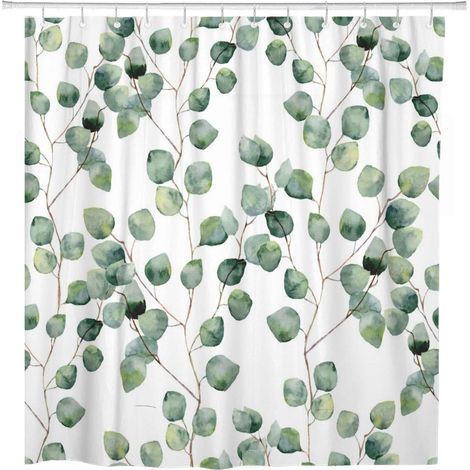 Duschvorhang mit Aquarell-Motiv, grünes Blumenblatt, Eukalyptusblätter, rundes Muster, Sukkulentenzweige, Heimdekoration, Badezimmer, wasserdichtes Polyestergewebe, 183 x 183 cm, Set mit Haken