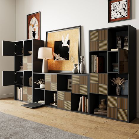 Bibliothèque 60x30x125cm, Étagère, Meuble de Rangement avec 8 Compartiments, Étagère sur Pied, Meuble de rangement 6 niveaux, portes à lattes, MDF, Noir, pour Salon, Chambre Or Bureau (1/5)