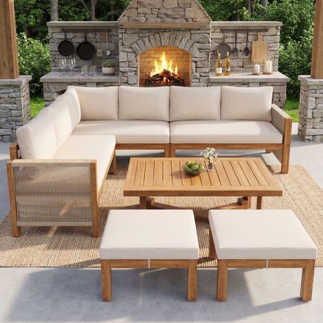 Salon de jardin modulaire en bois d’acacia : canapé d’angle 6 places avec coussins, 2 tabourets + table acacia, respirant et hydrofuge, pour terrasse et jardin