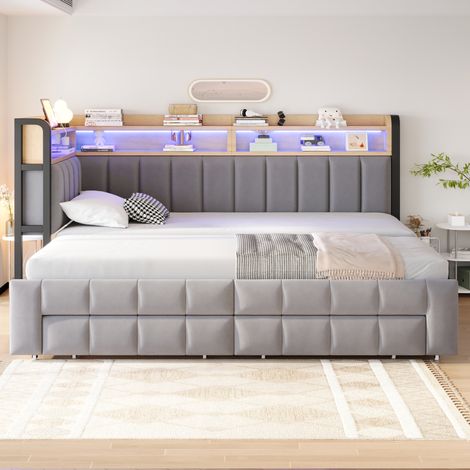 Canapé-lit 90/180 × 200 cm avec lit gigogne, tiroirs de rangement, étagère et compartiments de rangement, éclairage LED, ports USB et Type-C, revêtement en velours gris clair (1/4)