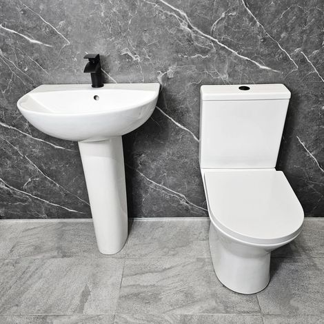 Basin Sink & Toilet Suite with Black Hinges & Flush Button Molly Bathroom Suite, With Tap (1/5)