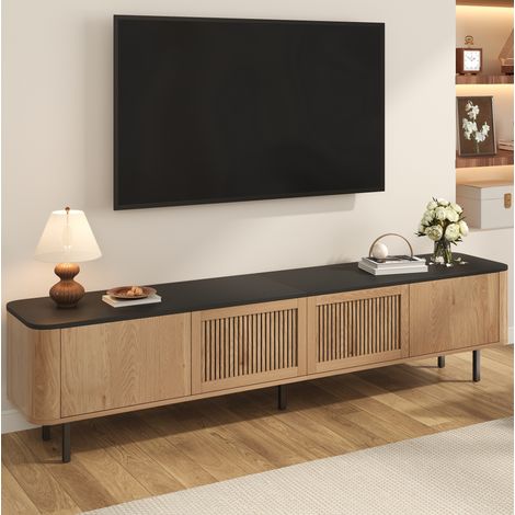 Mueble TV 190 x 35 x 45 cm con almacenaje y puertas caladas, negro y roble HAVRYA (1/5)