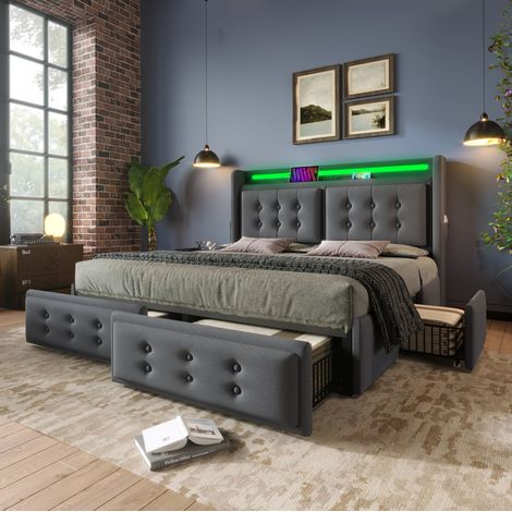 letto contenitore 180x200 con LED USB 4 cassetti grigio OKMYHOME (1/5)