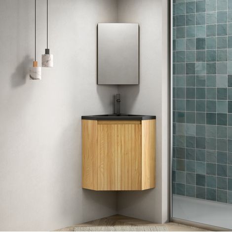 Mobile lavabo angolare sospeso con lavabo integrato in resina nera opaca, legno naturale, 1 anta (1/5)