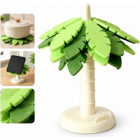 1 Set Dessous de Plat Silicone Feuille Vert 4 Pieces + Support Tronc Hauteur 21 cm Diametre 19 cm Poser Telephone Table Cuisine (1/5)