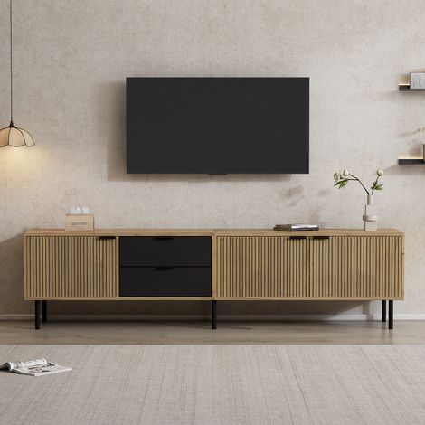 Mueble TV 208x40x48 cm negro y natural en aglomerado con 2 cajones, 3 puertas, gestión de cables y patas ajustables (1/5)