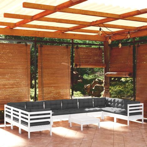 Salon de jardin 11 pcs Ensemble Table et Chaise de Jardin - avec coussins Blanc Bois de pin BV290335 - BonneVie (1/5)