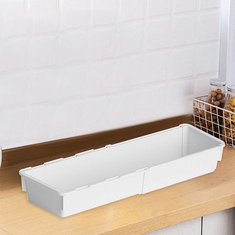 Boîte de rangement de cuisine extensible en plastique – Armoire de rangement réglable, dessus ouvert, empilable, grande capacité pour les collations et les articles divers, blanche. (1/5)