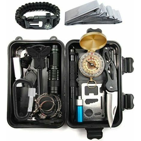 Kit de survie complet avec trousse de secours, paille filtrante, sac, pierre à feu, couverture et pince multifonction, boîte complète pour premiers soins et pêche