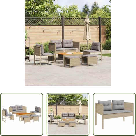Gartentisch - Gartensofa-set mit Kissen 6 pcs Beige und Hellgrau Poly-Rattan (1/5)