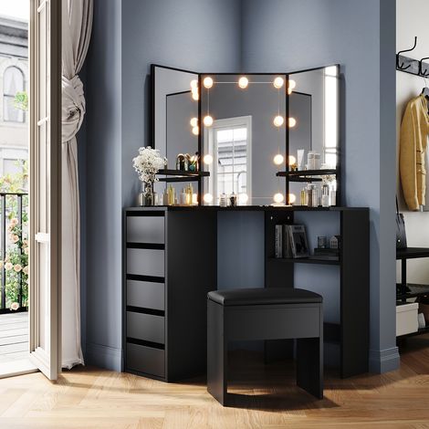 ELEGANT Bedroom Furniture Corner Dressing Table Makeup Desk with 3 Large Mirrors 5 Drawers, Black Dresser Set with Stool + LED Mirror Lights