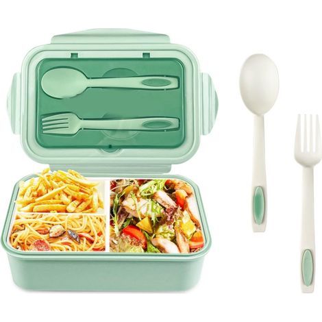 Boîte à lunch à trois compartiments-Comprend une cuillère et une fourchette-1400millilitres-Prévention des fuites-vert (1/5)