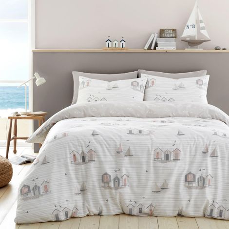 Housse de Couette Naturelle - Lit Simple (140x200 cm) - Réversible (2 Motifs) - Bord de mer/Bateau à Voile - Literie Blanche et Naturelle, Naturel (1/3)