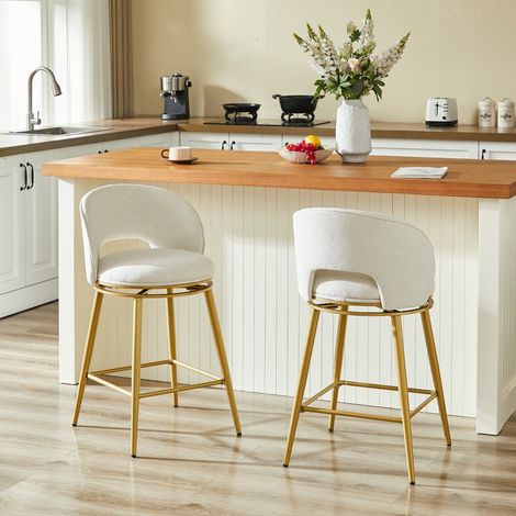 Lot 2 tabourets de bar pivotants 360° en chenille, structure métal doré, coussin confortable. Idéal cuisine/bar/salon 43x43x92cm - Beige (1/5)