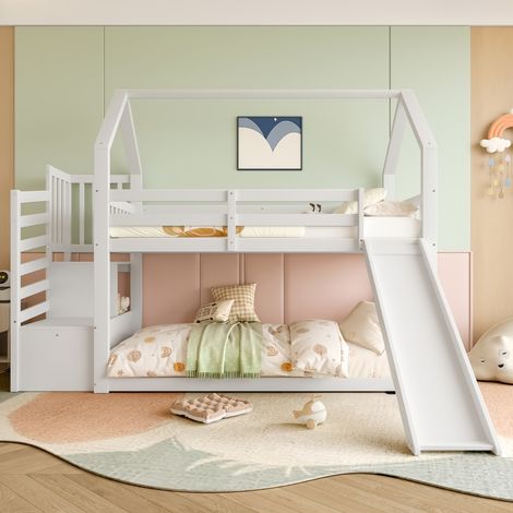 Lit superposé 90x200 cm avec étagère, échelle et toboggan – Lit cabane pour enfants avec barrières de sécurité – Bois massif et MDF- blanc (1/5)