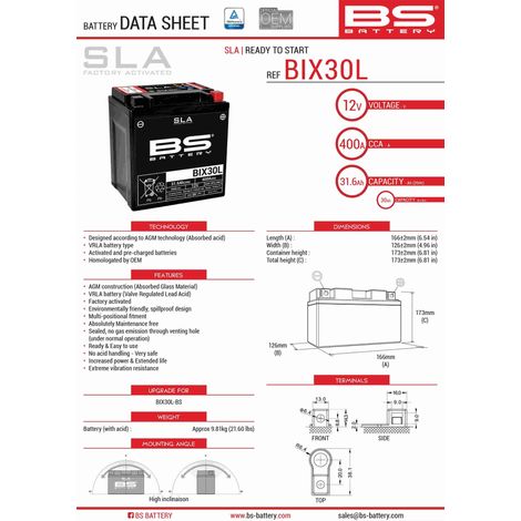 BS BATTERY BIX30L (FA) (YTX30L) 12V 30AH 166X125X175 SANS ENTRETIEN - À LINGETTES INOXYDABLES (385A) (2)