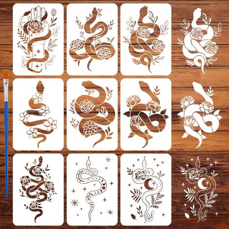 9 Pochoir Serpent et Fleurs Botaniques pour Peinture Au Pinceau 21x29.7cm Réutilisable Modèle Étoile Lune Phase Lune Main Humaine Pochoir Thème Animal Modèle pour Peinture sur Bois (1/5)