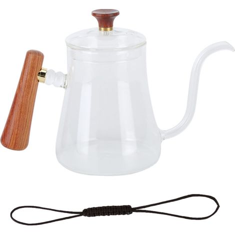 Bouilloire Cafetière à Versement en Verre Borosilicate Résistant à la Chaleur, Bec en Col de Cygne avec Poignée Isolante en Bois, 600ml