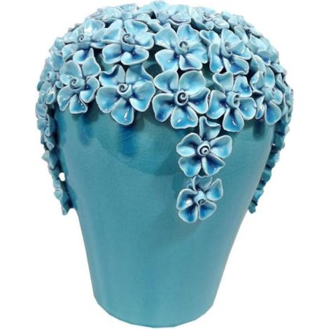 Vaso blu con fiori in miniatura e crepe intenzionali, 23 cm