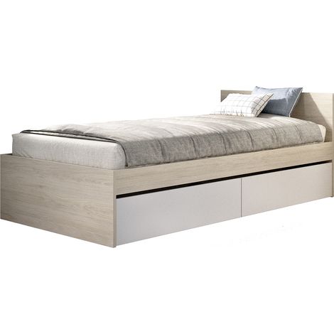 Lit adulte couchage 90X190 coloris chêne naturel, blanc avec 2 tiroirs - Longueur 194 x Profondeur 95 x Hauteur 67 cm (1/4)