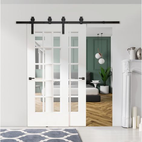 Sistema de puerta corredera para puerta de madera, rail de 200 cm, 9 piezas, acero negro OKMYHOME (1/5)