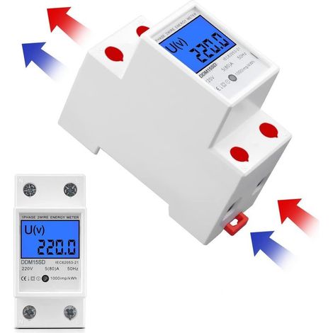 Compteur électrique numérique monophasé 220V – Courant 5(80)A – Fréquence 50Hz – Écran LCD rétroéclairé – Installation rail DIN 35mm - DDM15SD (1/5)